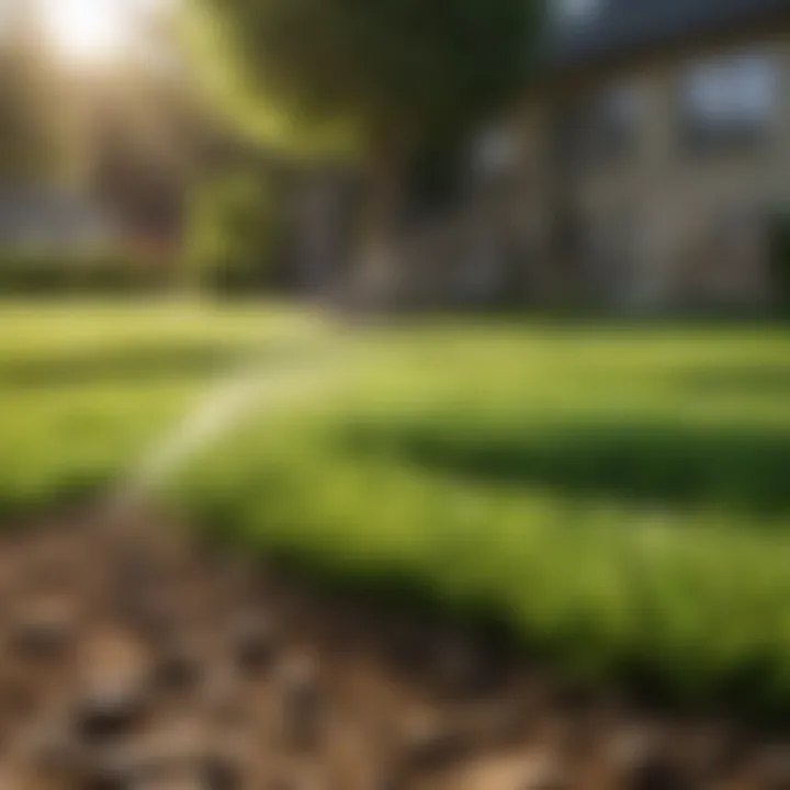 Modern irrigation system watering a green lawn