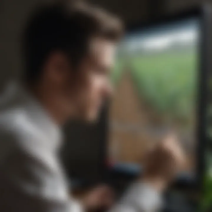 A close-up of a researcher analyzing agricultural data on a computer screen.