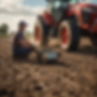 A farmer inspecting soil health in a cultivated field