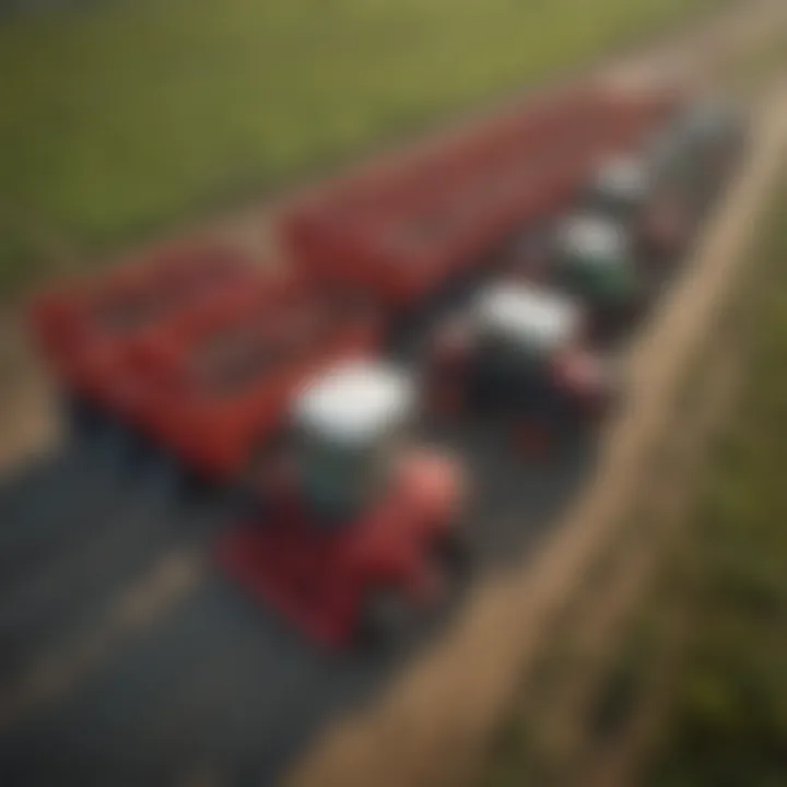 Various types of fertilizer spreaders lined up for comparison