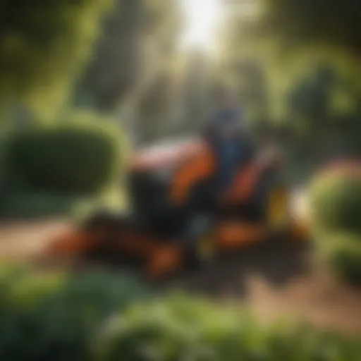 An Agway rototiller in a lush garden setting