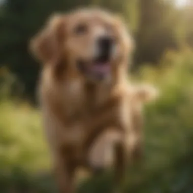 A golden retriever looking healthy and active in a natural setting.