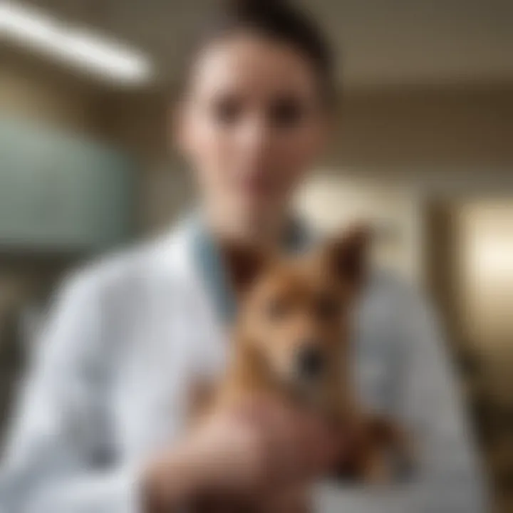 A concerned pet owner holding their dog at a veterinary clinic.