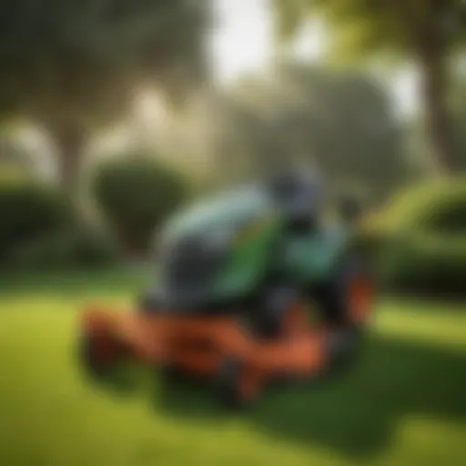 Air conditioned riding lawn mower in action on a lush green lawn