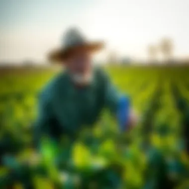 A farmer examining crops in a field affected by antimicrobial resistance.