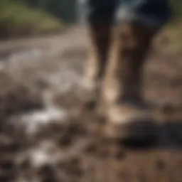 Durable farm work boots on a muddy ground