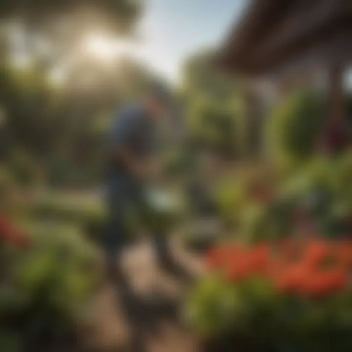 A gardener using a battery powered watering can with vibrant plants in the background