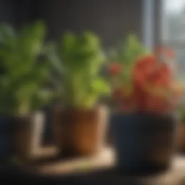 Close-up of vibrant vegetable plants thriving in fabric pots