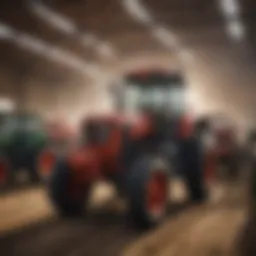 A vibrant auction scene showcasing large agricultural machinery