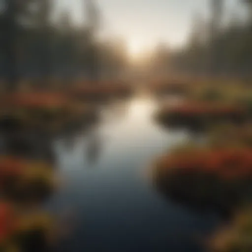 A serene bog landscape showcasing diverse flora and tranquil waters