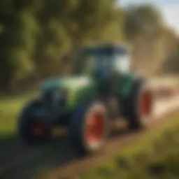 Modern tractor in a lush field