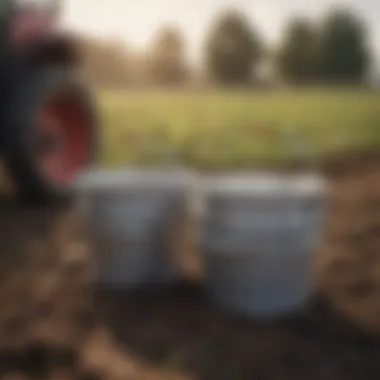 Collapsible pails in use within an agricultural setting.