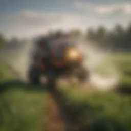 A close-up of a chemical fogging machine in action within a lush agricultural field