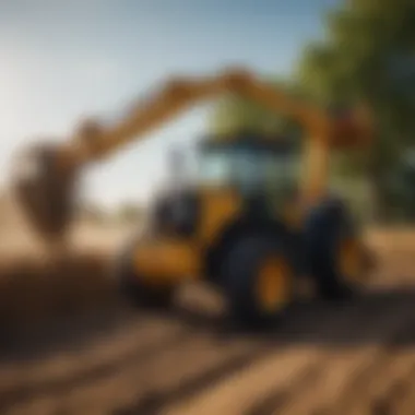 A farm tractor loader in action during a harvest.