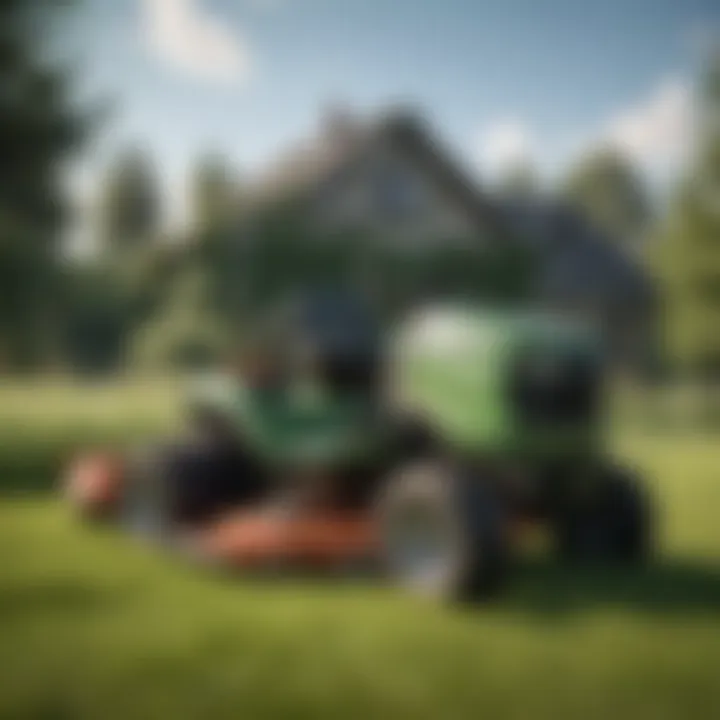 A diesel lawnmower in action on a lush green lawn