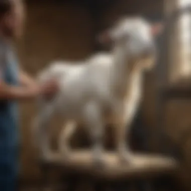 A goat being gently groomed on a grooming stand, highlighting proper technique