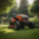 Riding lawn mower navigating a lush garden