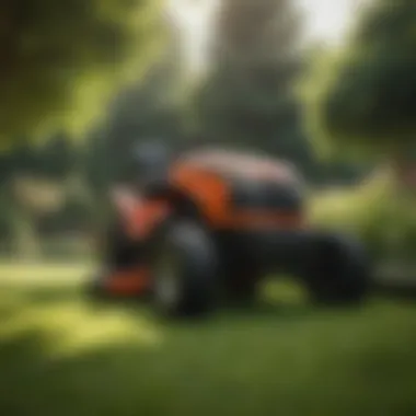 Riding lawn mower navigating a lush garden