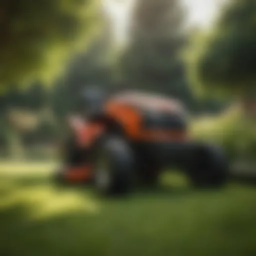Riding lawn mower navigating a lush garden
