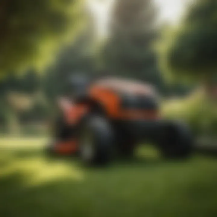 Riding lawn mower navigating a lush garden