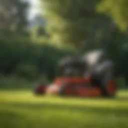Used push lawn mower in action on a lush green lawn