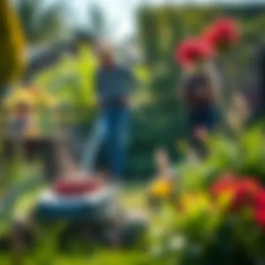 A serene garden scene illustrating the health benefits of physical gardening activities