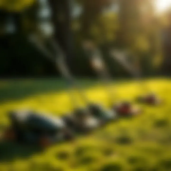 Historical evolution of lawn care tools, featuring various mower designs over time