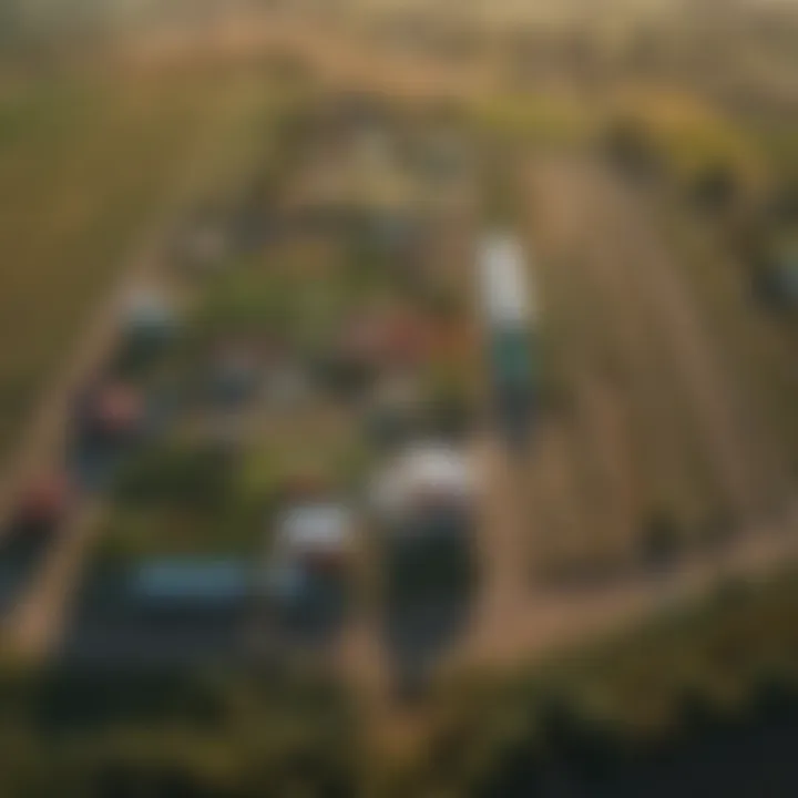 Aerial view of a diverse modern farm showcasing various crops