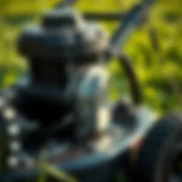 Detailed view of a push mower's cutting mechanism showcasing precision engineering