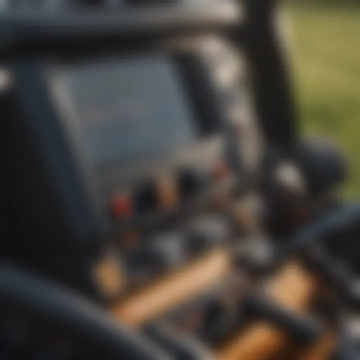 Close-up of zero-turn mower controls and dashboard