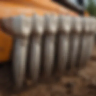 Close-up of skid loader tooth bucket teeth highlighting their design for soil penetration