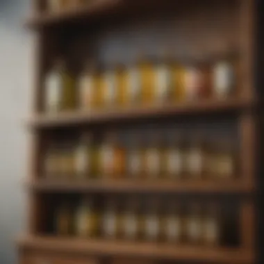 Glass bottles of various cooking oils arranged on a wooden shelf