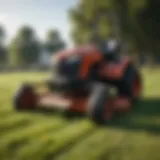A powerful country lawn mower in action across a vast field