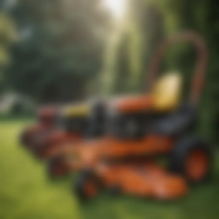 A variety of country lawn mowers lined up for comparison