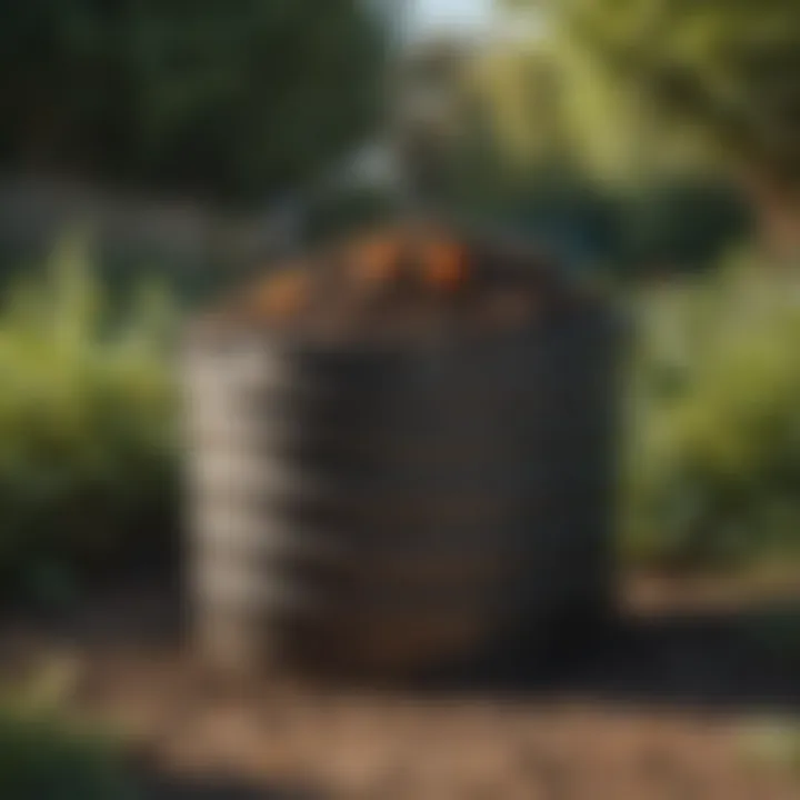 An organized compost bin nestled in a garden setting