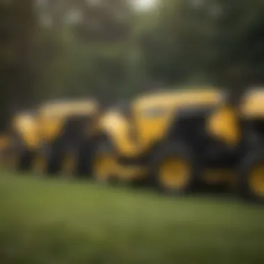 Variety of Cub Cadet Lawn Tractor Models Wide shot of various Cub Cadet lawn tractor models lined up