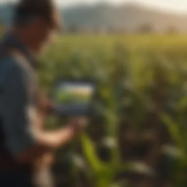 Farmers analyzing data on a tablet in a cornfield.