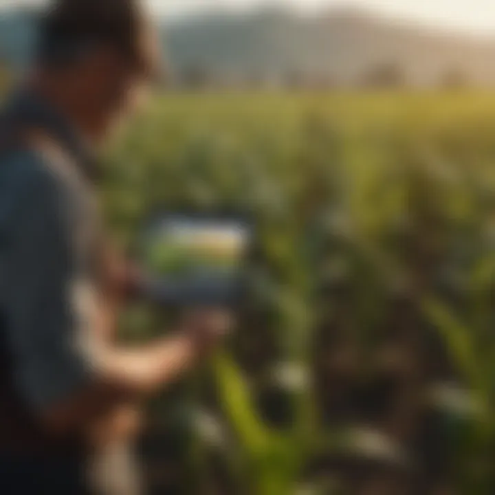 Farmers analyzing data on a tablet in a cornfield.