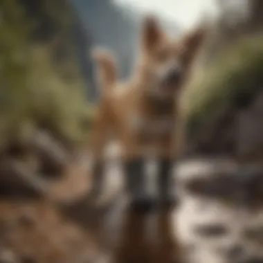 A dog wearing Muttluks boots while walking on rough terrain