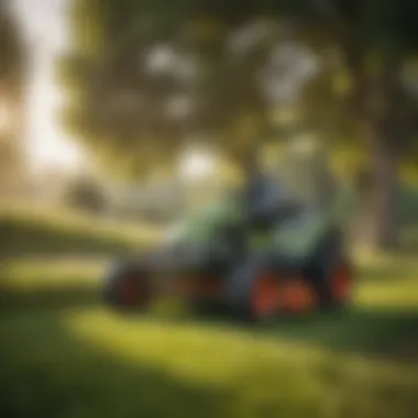 Eco-Friendly Mowing in Nature An environmentally friendly lawn mower operating in a serene rural landscape