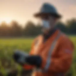 Agricultural worker donning PPE in a field