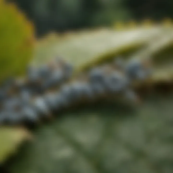 Close-up of scale insects on a plant leaf