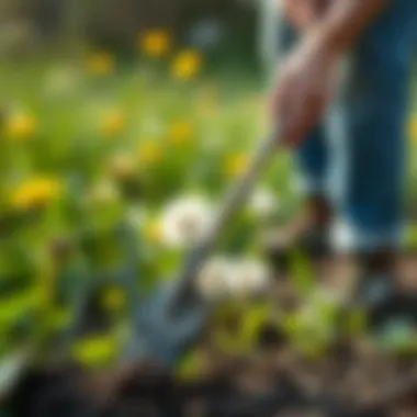 Person using a weeding tool to remove dandelions