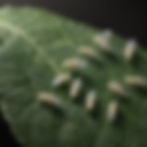 Close-up of whiteflies on a plant leaf