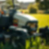 A close-up view of a zero-turn mower on a lawn