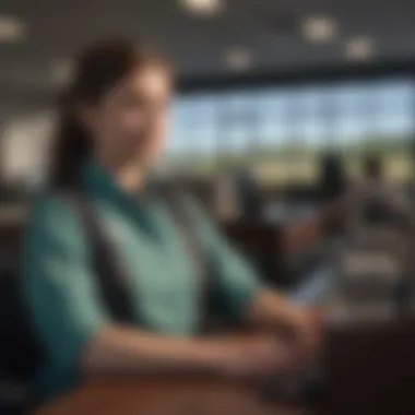 An airport staff member assisting travelers at a service desk