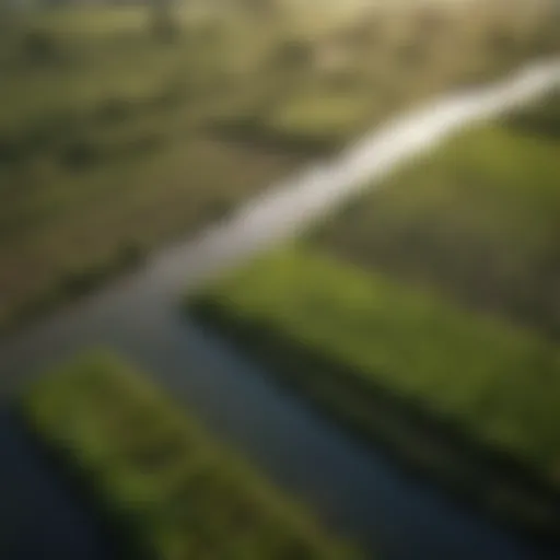 Aerial view of a lush agricultural landscape showcasing diverse crops and water management systems.