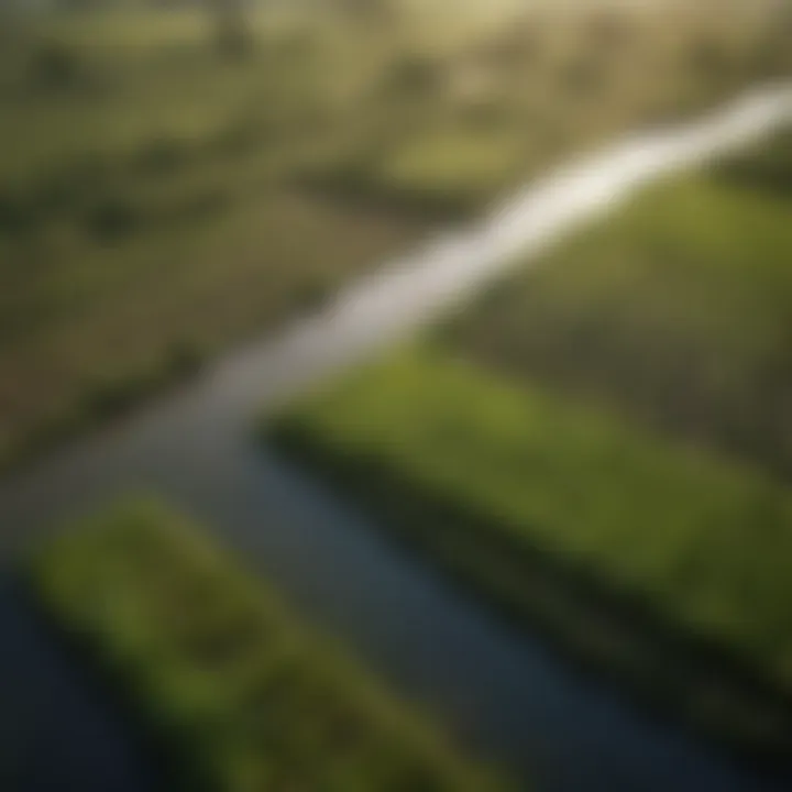 Aerial view of a lush agricultural landscape showcasing diverse crops and water management systems.