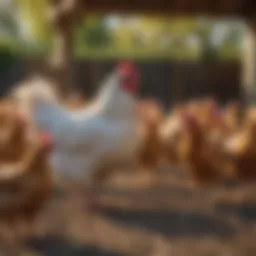 Diverse chicken breeds in a vibrant outdoor setting
