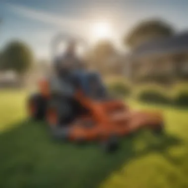 High-Performance Zero Turn Mower in Action A high-performance zero turn mower cutting grass in a well-maintained lawn